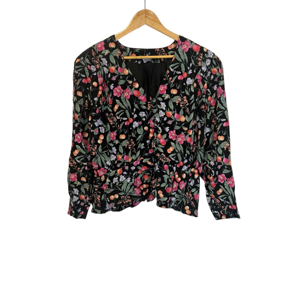 Vintage Black Floral Fruit Print Blouse Large Cottagecore Button Front Top - Picture 2 of 9